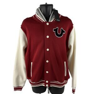New Mens True Religion Fleece Varsity Jacket Hoodie Size Small Red NWT $189